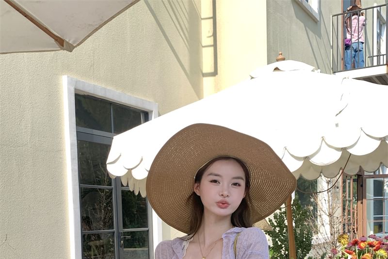 Mini Lace Bow Dress Panel / Cardigan Ruched Trim Spaghetti Ruffle Strap Melange A-Line