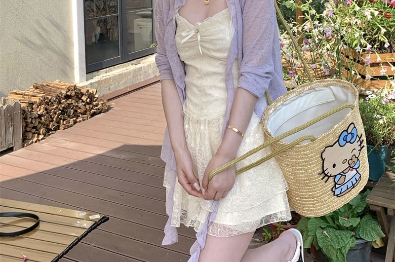 Mini Lace Bow Dress Panel / Cardigan Ruched Trim Spaghetti Ruffle Strap Melange A-Line