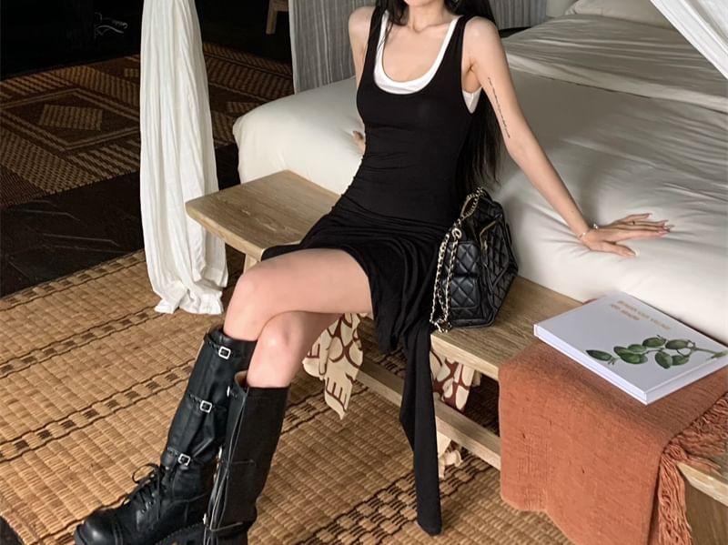 Fit Scoop Neck Top Mini Slim Plain Sleeveless Tank Dress Bodycon + Asymmetrical Set: