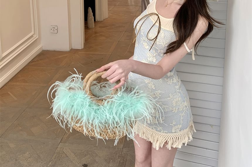 Mock Strap Fringed Spaghetti Mini Dress Bodycon Two-Piece Floral