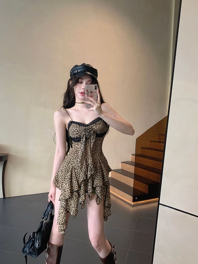 Mini Asymmetrical Trim Spaghetti Dress Strap Print Leopard A-Line Lace