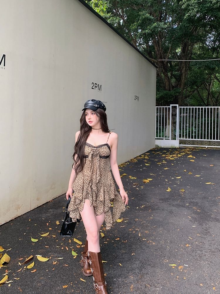 Mini Asymmetrical Trim Spaghetti Dress Strap Print Leopard A-Line Lace