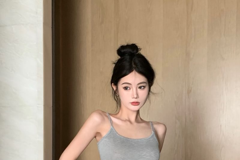 Slim Top Melange Drawstring Skirt Cardigan Crop / Elastic Pencil Fit Set Mini Waist Camisole