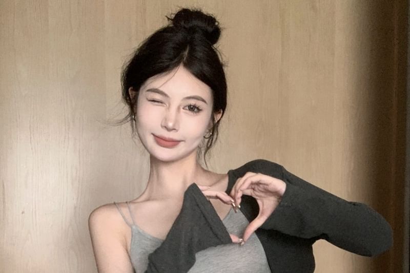 Slim Top Melange Drawstring Skirt Cardigan Crop / Elastic Pencil Fit Set Mini Waist Camisole