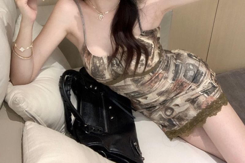 Trim Lace Print Spaghetti Mini Bodycon Strap Dress