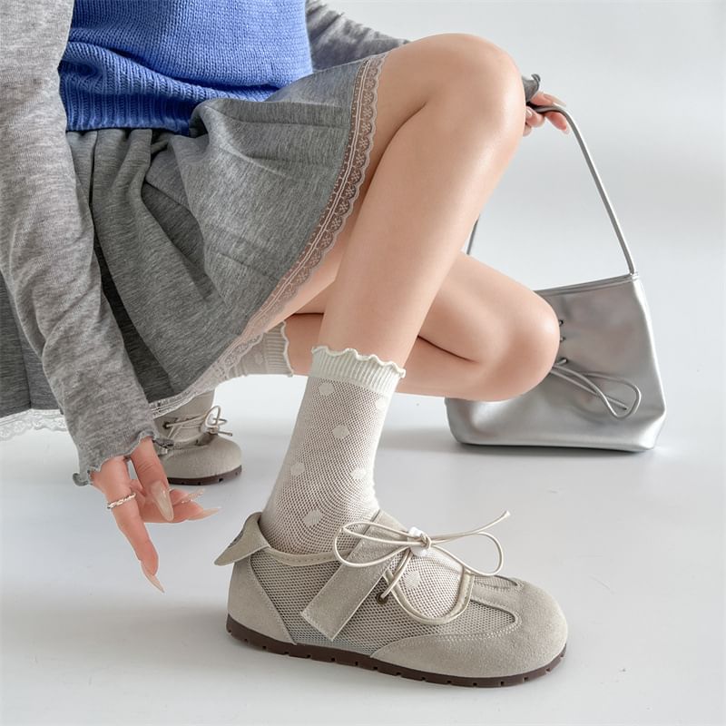 Adhesive Mesh Panel Leather Faux Mary Jane Strap Shoes