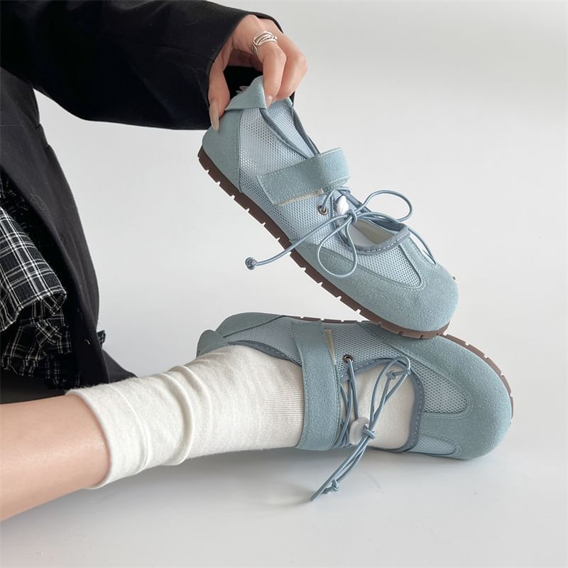 Adhesive Mesh Panel Leather Faux Mary Jane Strap Shoes