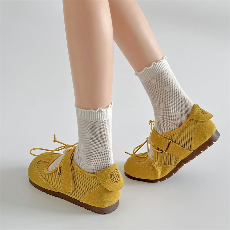 Adhesive Mesh Panel Leather Faux Mary Jane Strap Shoes