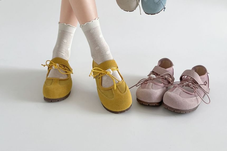 Adhesive Mesh Panel Leather Faux Mary Jane Strap Shoes