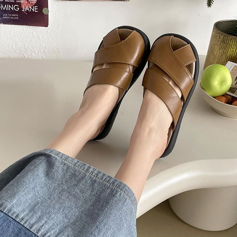 Cutout Sandals Leather Platform Plain Faux