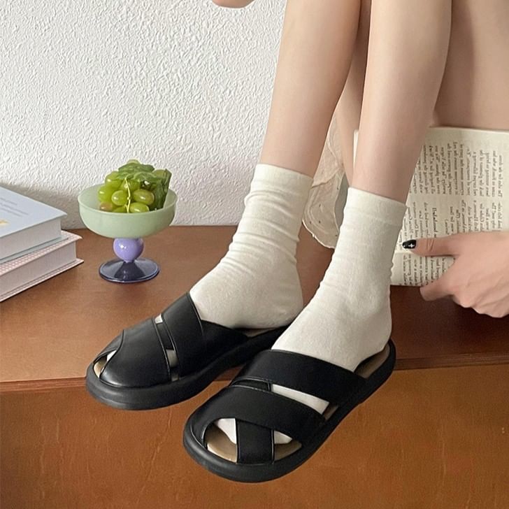 Cutout Sandals Leather Platform Plain Faux