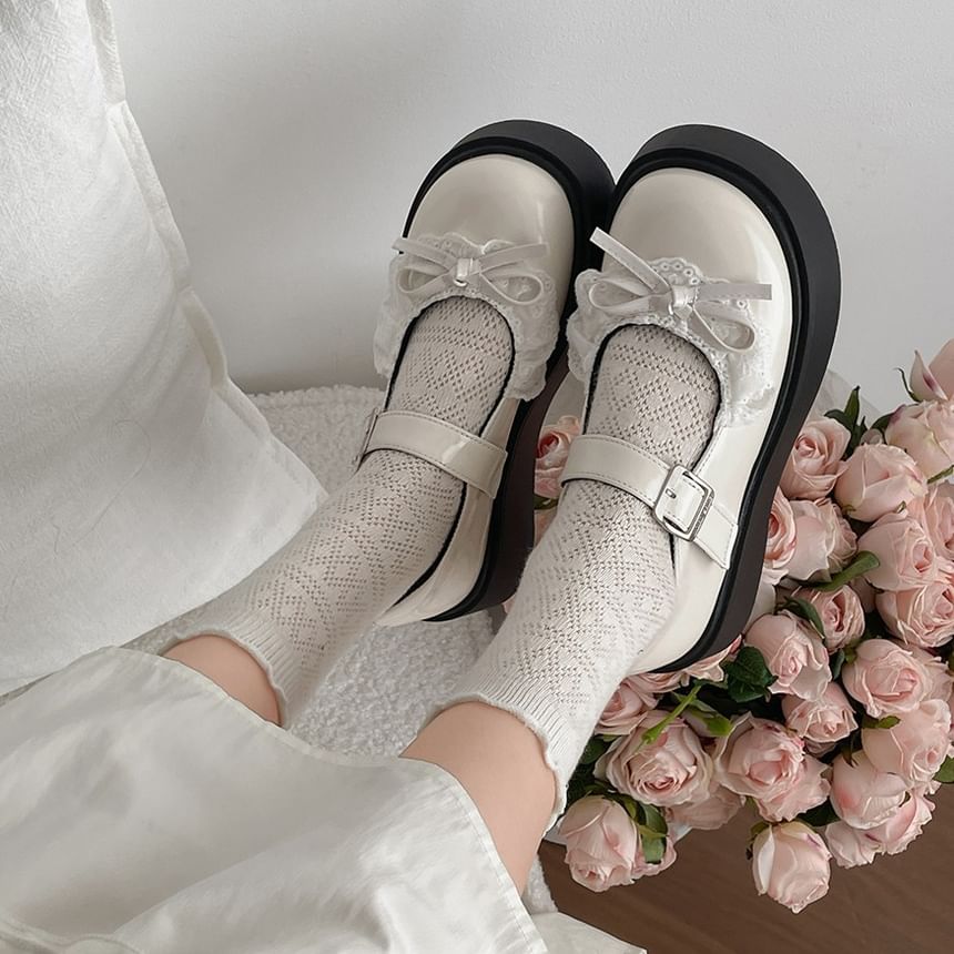Patent Trim Bow Shoes Platform Lace Leather Mary Jane