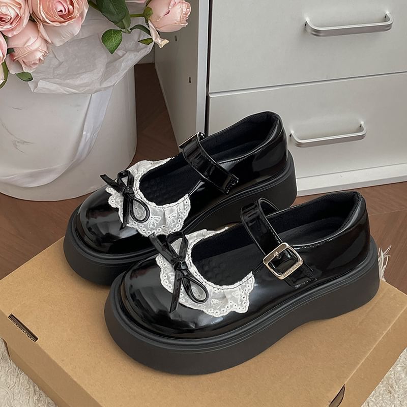 Patent Trim Bow Shoes Platform Lace Leather Mary Jane