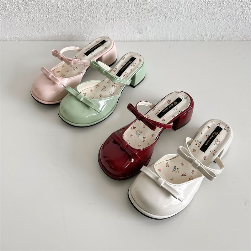 Heel Chunky Patent Leather Bow Sandals