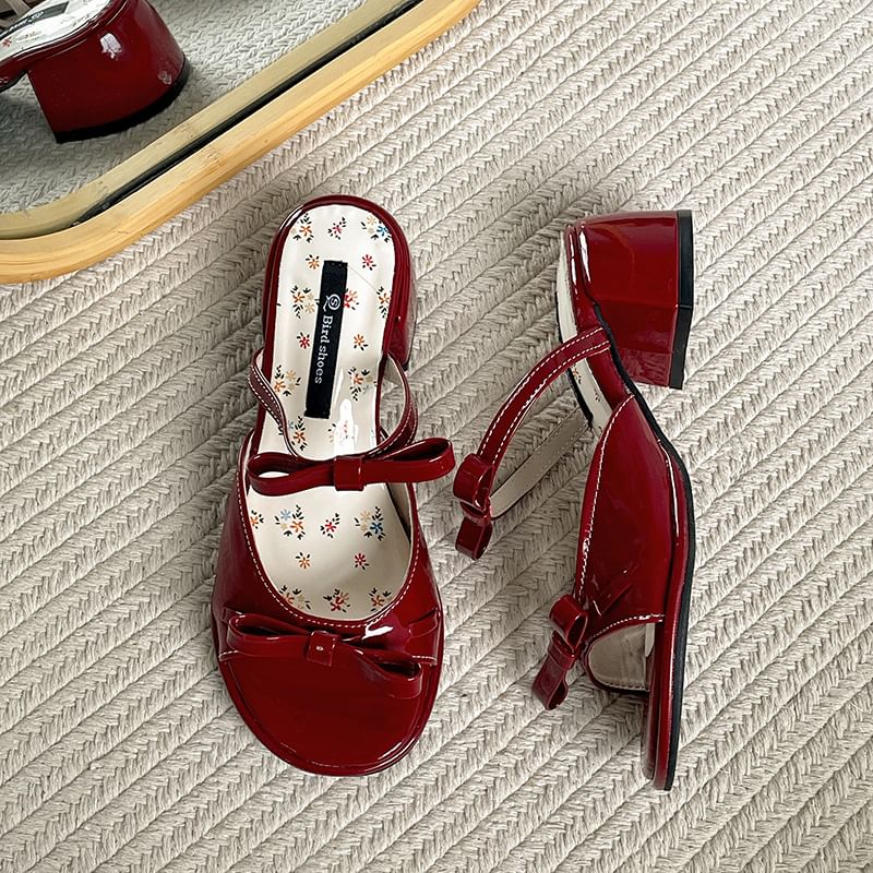 Heel Chunky Patent Leather Bow Sandals