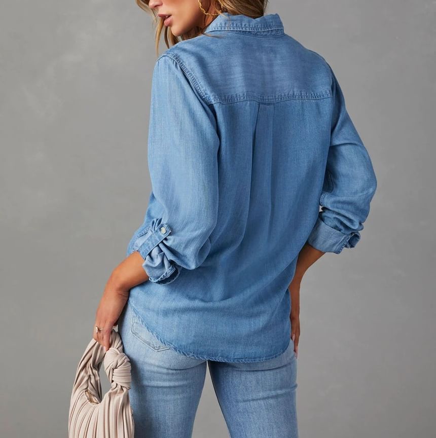 Sleeve Denim V-Neck Shirt Long Loose-Fit