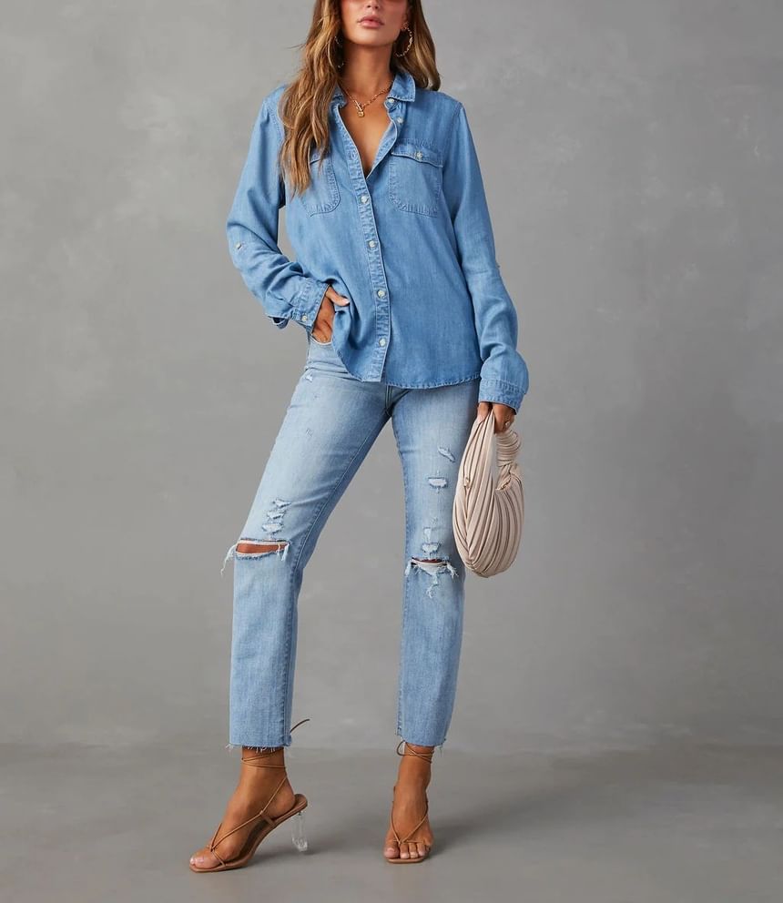 Sleeve Denim V-Neck Shirt Long Loose-Fit