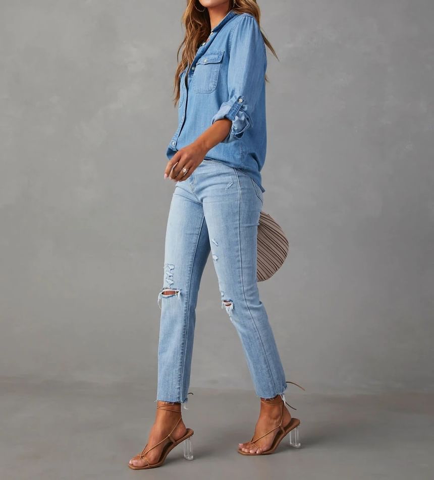 Sleeve Denim V-Neck Shirt Long Loose-Fit