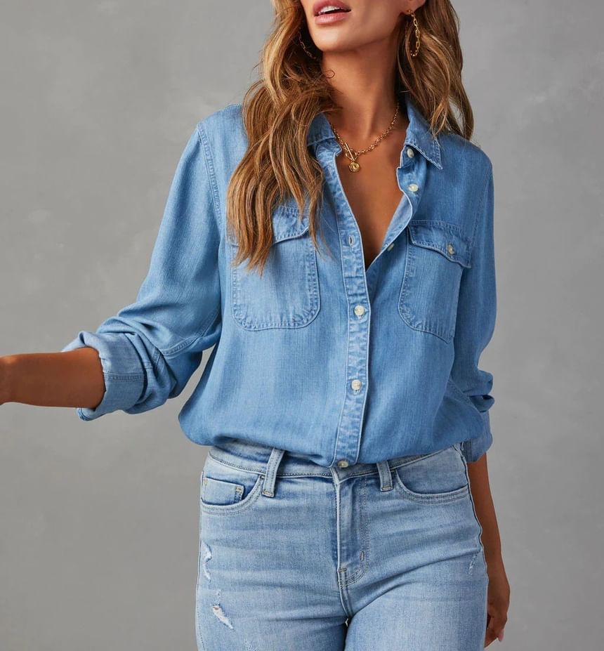 Sleeve Denim V-Neck Shirt Long Loose-Fit