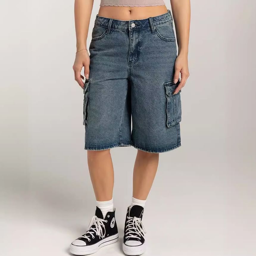 Pocket Wide-Leg Waist Denim Washed Low Shorts