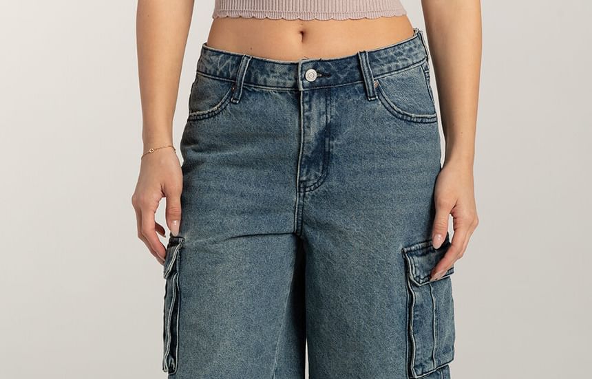 Pocket Wide-Leg Waist Denim Washed Low Shorts