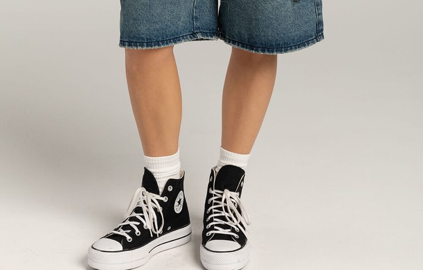 Pocket Wide-Leg Waist Denim Washed Low Shorts