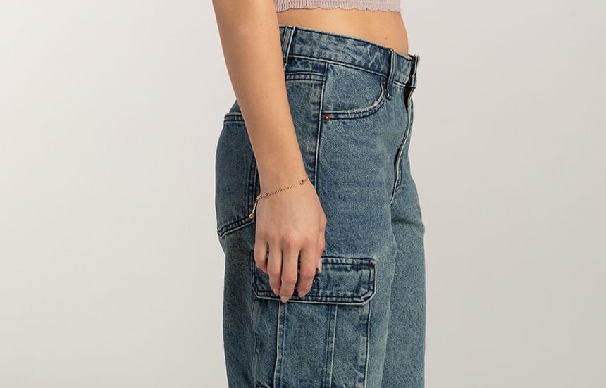 Pocket Wide-Leg Waist Denim Washed Low Shorts