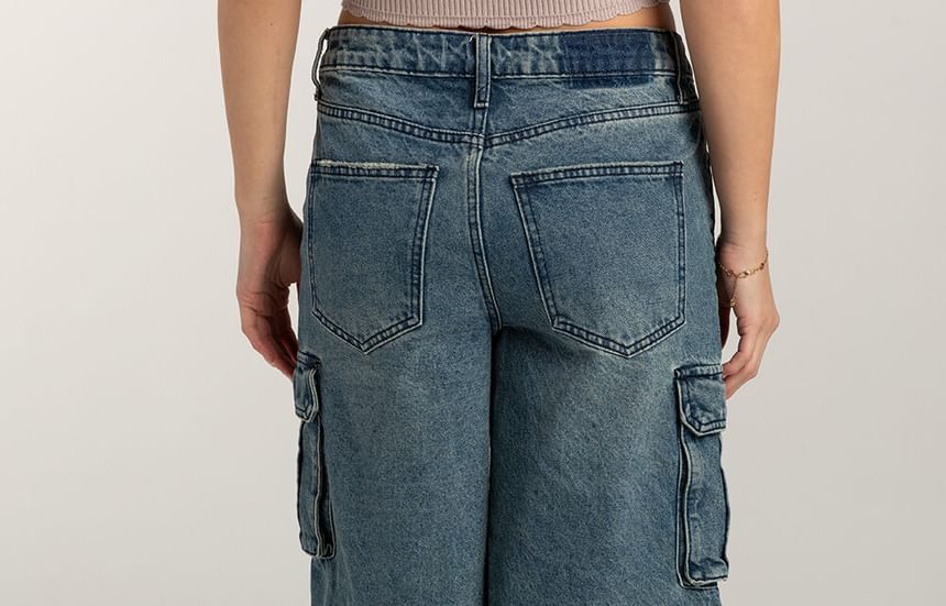 Pocket Wide-Leg Waist Denim Washed Low Shorts