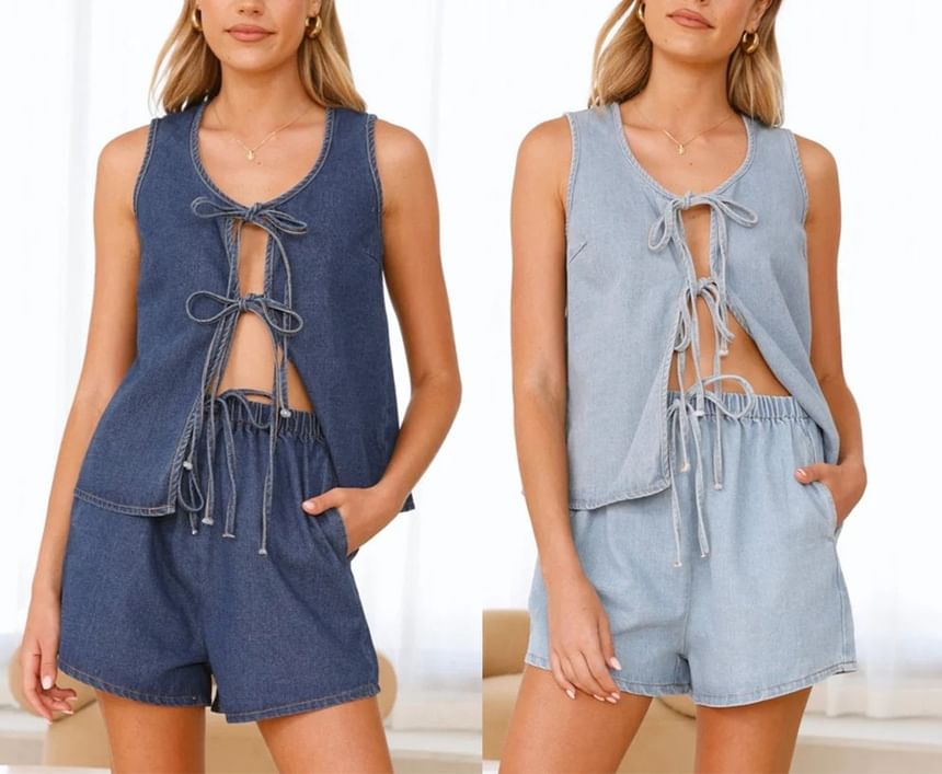 Denim + Set: Mini V-Neck Top Tie-Front Waist Tank High Shorts Wide-Leg