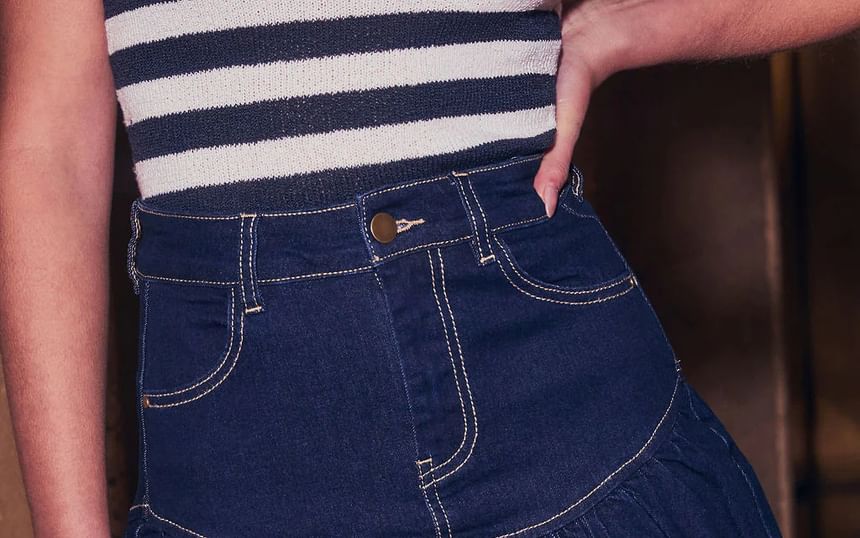 Skirt A-Line Long / Zip-Up Jacket Washed High Sleeve Denim Mini Cropped Waist