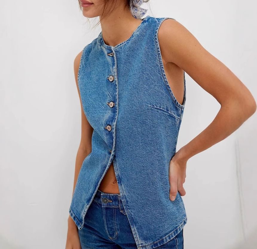 Washed Tank Denim Top Button-Up Slim-Fit