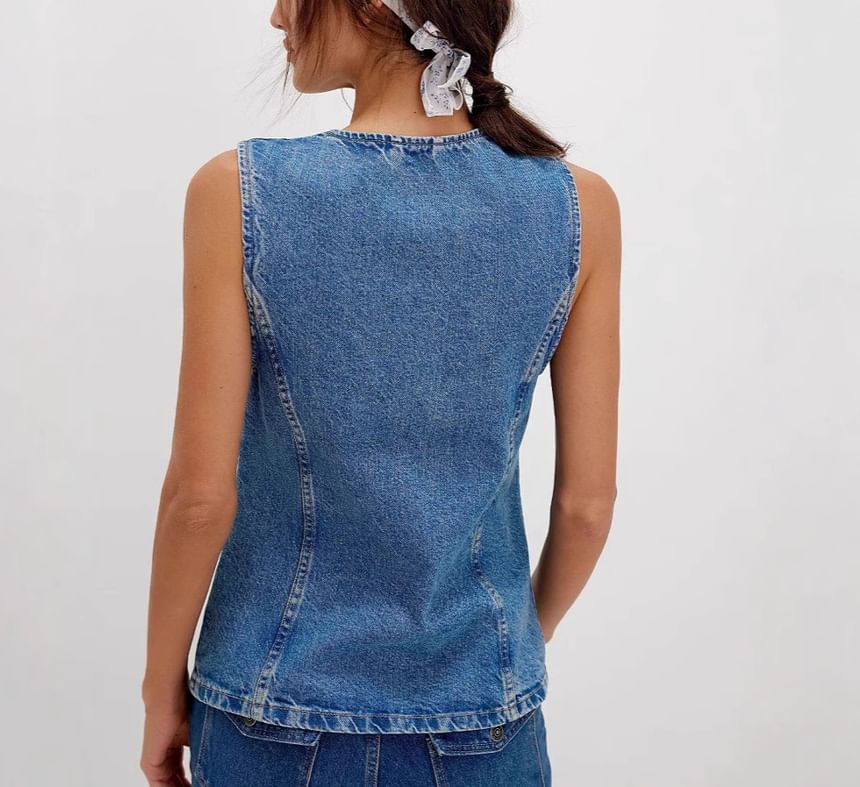 Washed Tank Denim Top Button-Up Slim-Fit