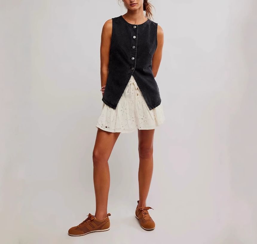 Washed Tank Denim Top Button-Up Slim-Fit