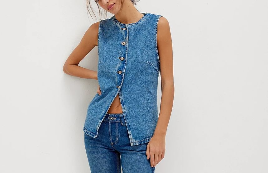Washed Tank Denim Top Button-Up Slim-Fit