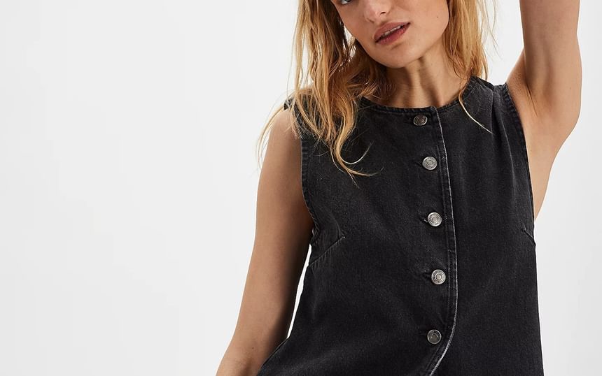 Washed Tank Denim Top Button-Up Slim-Fit