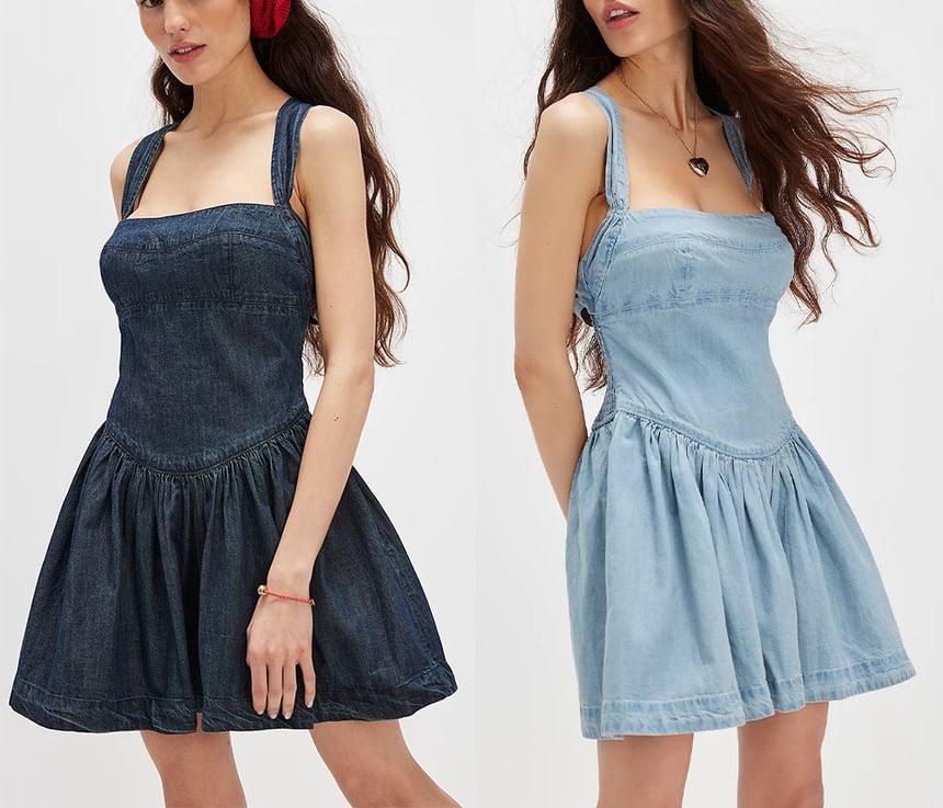 Sleeveless Dress Slim-Fit Mini Denim Washed Square-Neck