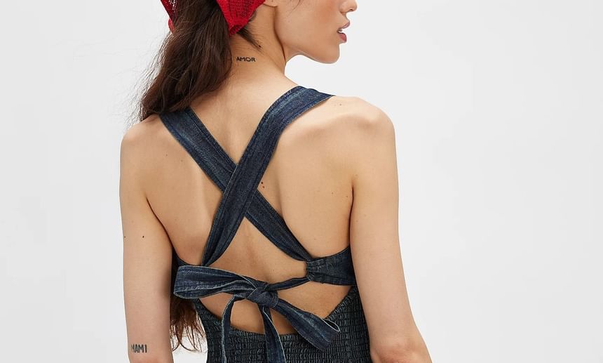 Denim Dress Slim-Fit Square-Neck Washed Sleeveless Mini