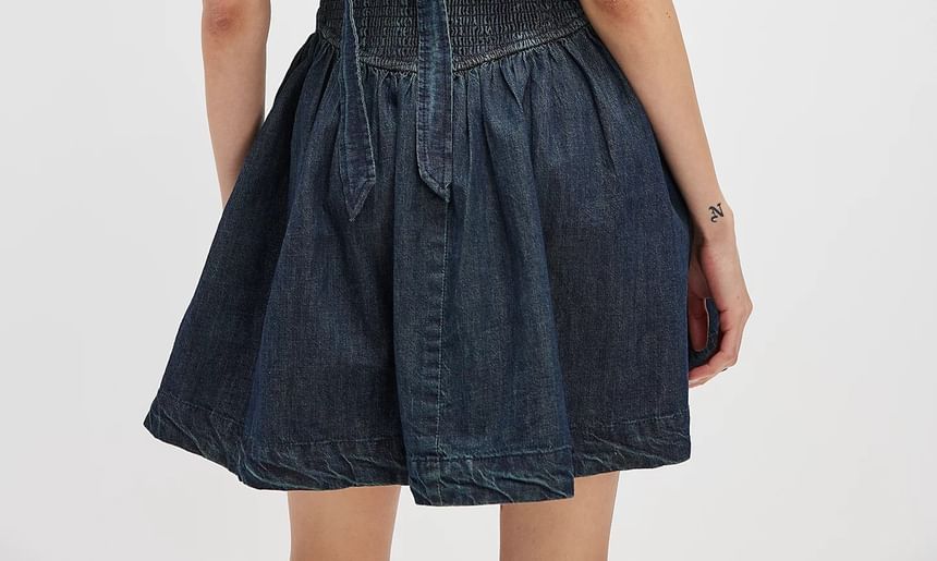 Sleeveless Dress Slim-Fit Mini Denim Washed Square-Neck