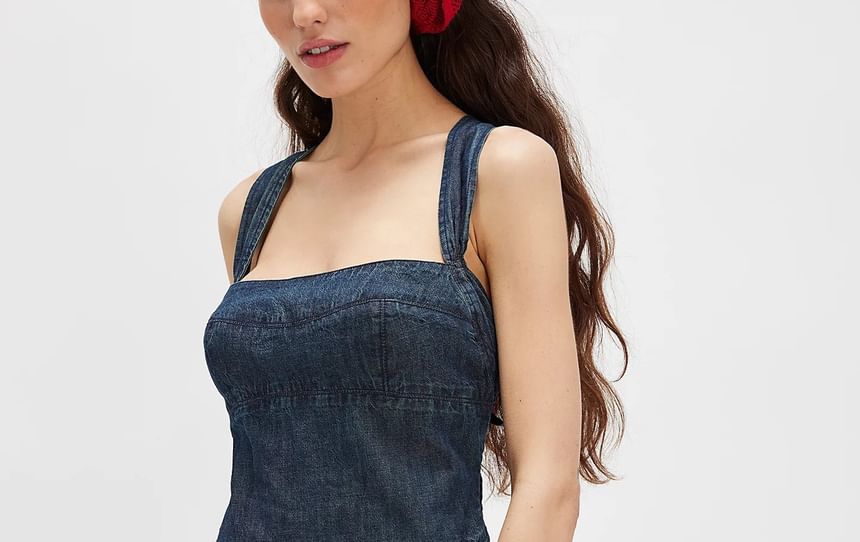 Sleeveless Dress Slim-Fit Mini Denim Washed Square-Neck