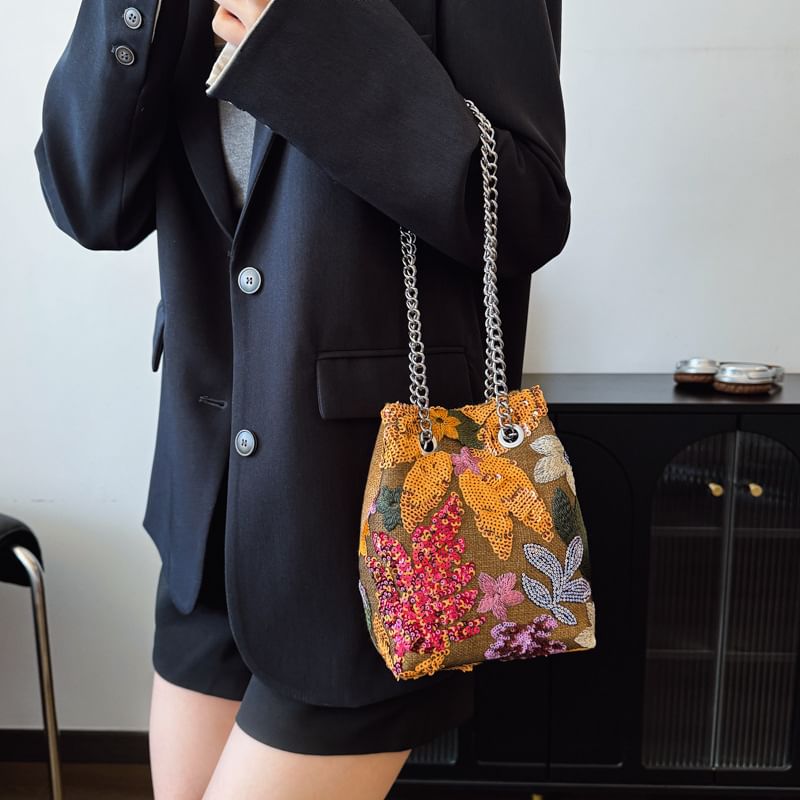 Sequin Strap / Bucket Embroidered Faux Bag Studded Leaf Chain