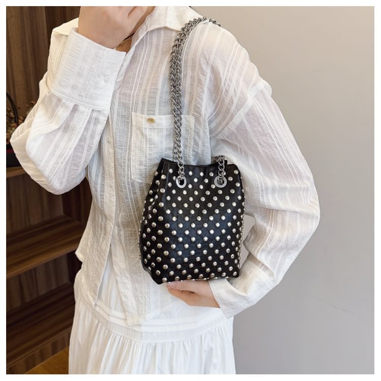 Sequin Strap / Bucket Embroidered Faux Bag Studded Leaf Chain