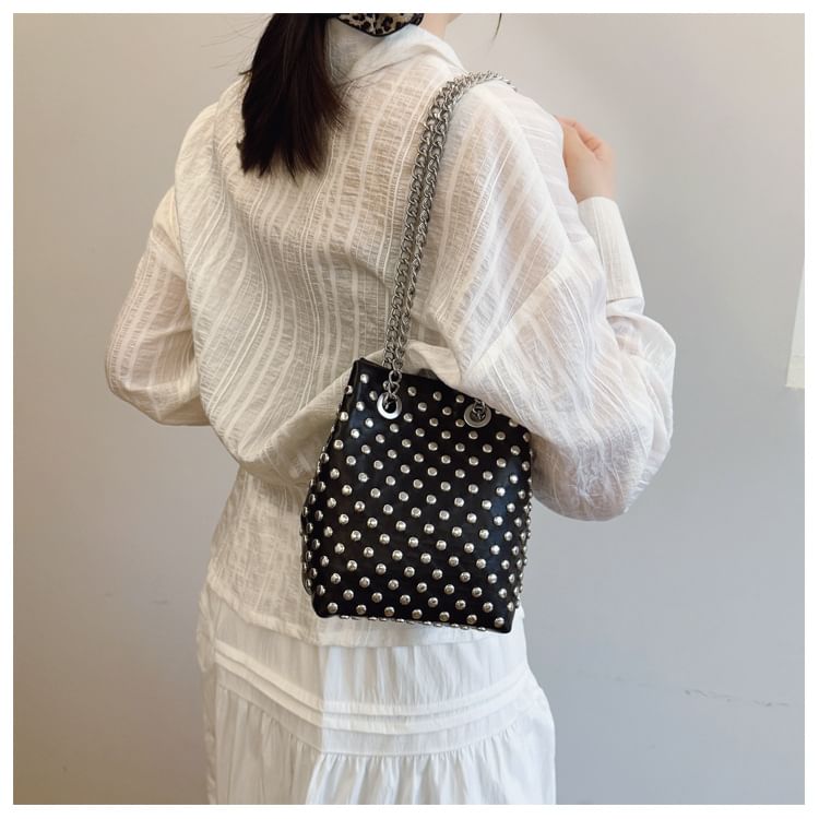 Sequin Strap / Bucket Embroidered Faux Bag Studded Leaf Chain