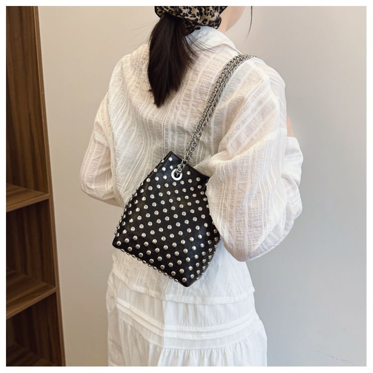 Sequin Strap / Bucket Embroidered Faux Bag Studded Leaf Chain