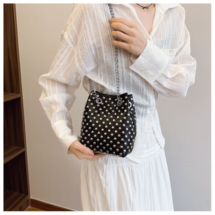 Sequin Strap / Bucket Embroidered Faux Bag Studded Leaf Chain