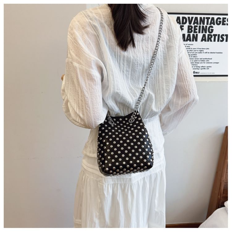 Sequin Strap / Bucket Embroidered Faux Bag Studded Leaf Chain