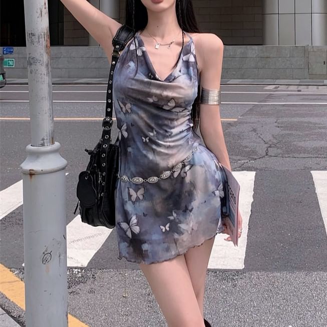 Cowl Print Butterfly Neck Dress Mini Sleeveless A-Line