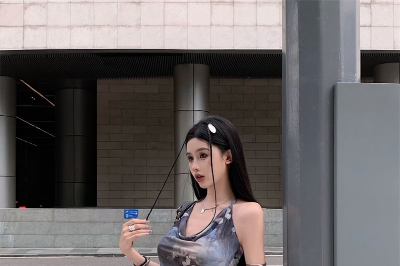 Cowl Print Butterfly Neck Dress Mini Sleeveless A-Line