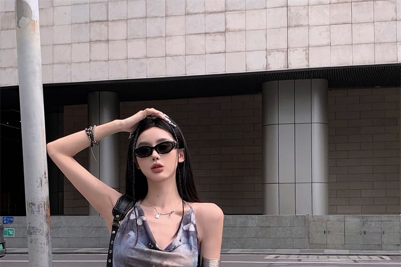 Cowl Print Butterfly Neck Dress Mini Sleeveless A-Line