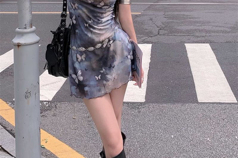 Cowl Print Butterfly Neck Dress Mini Sleeveless A-Line