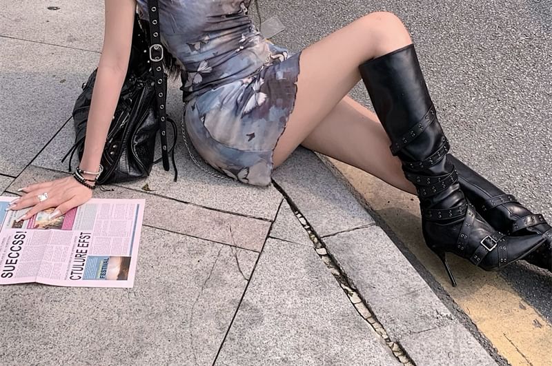 Cowl Print Butterfly Neck Dress Mini Sleeveless A-Line